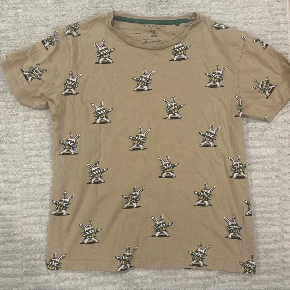 Denim & Flower Ricky Singh‎ Tan Dabbing Easter Bunny Tee Shirt Top Boys Sz 11-12